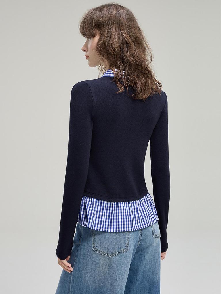 Damen Karo Colorblock Zweiteiliger College-Stil Langarm Strickjacken-Top (2025 Herbstausgabe)