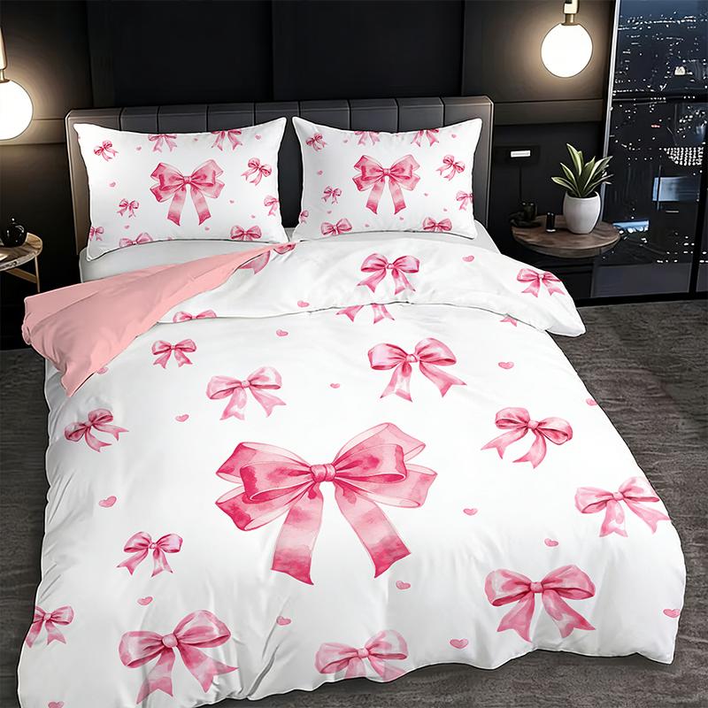 3Pc Pink And Delicate Bowknot Duvet Cover Set (Duvet Cover*1+Pillowcase*2,Without Core) Suitable For Gift Giving