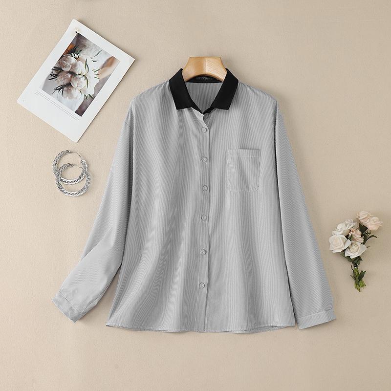 ZANZEA Women Casual Splice Turn Down Collar Long Sleeve Stripe Blouse