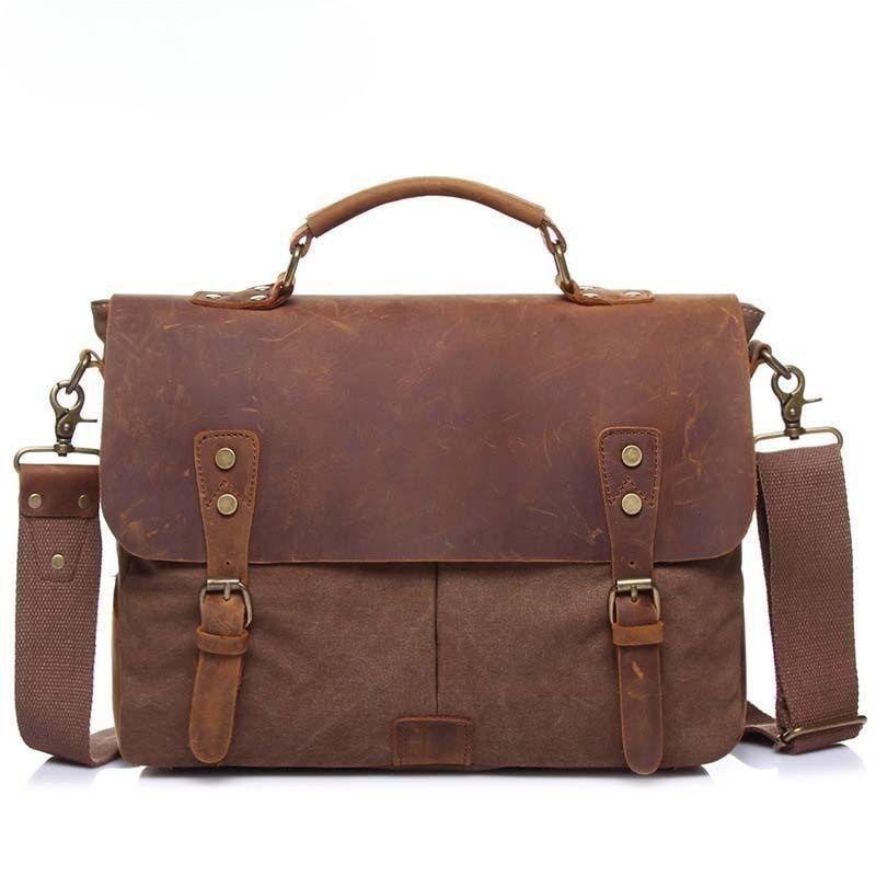Vintage Leather & Canvas Briefcase for Men, Business Office Portfolio Bag, Document Tote Attache Case
