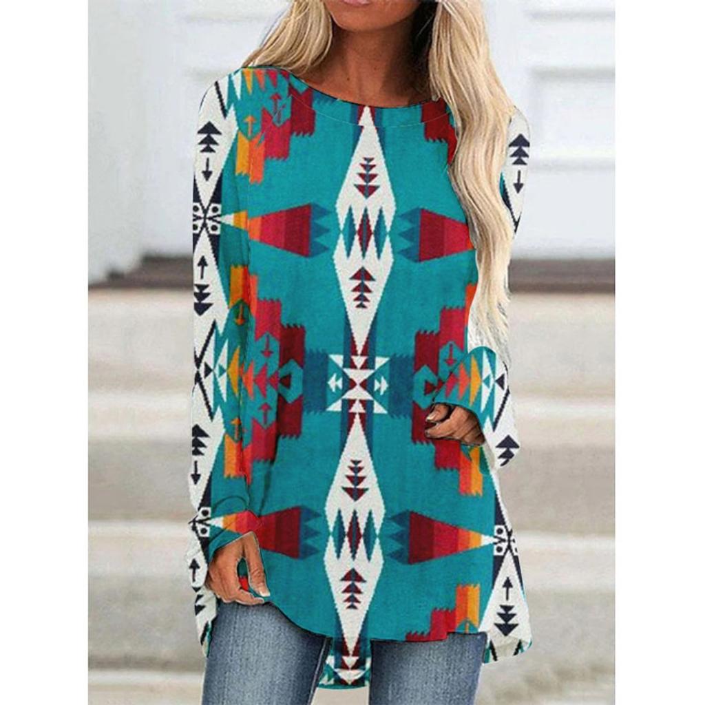 Western Aztec Ethnic 3D Print Langermede T-skjorter Bohemian Women Vintage Fashion T-skjorte Oversized Streetwear T-skjorter for kvinner Topper