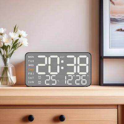 Voice Control Digital Wall Clock TEMP Date Week 2 Alarm DST Snooze Table Clock 5 Levels Brightness Adjustment 12/24H LED Clock