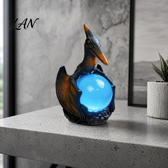 Magical Ambience Lamp Pterosaur Night Light, Resin Gothic Dragon Table with Glowing Faux Crystal Office Accent Lighting Ball, Fantasy Desk Decor