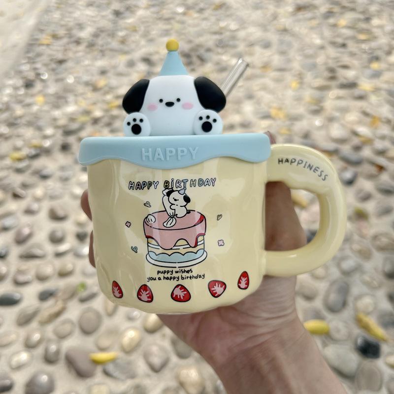 

Кружка в подарок на день рождения с крышкой и соломинкой, милая керамическая чашка, креативная кофейная чашка, сувенирный подарок, чашка для воды 401-500ml
