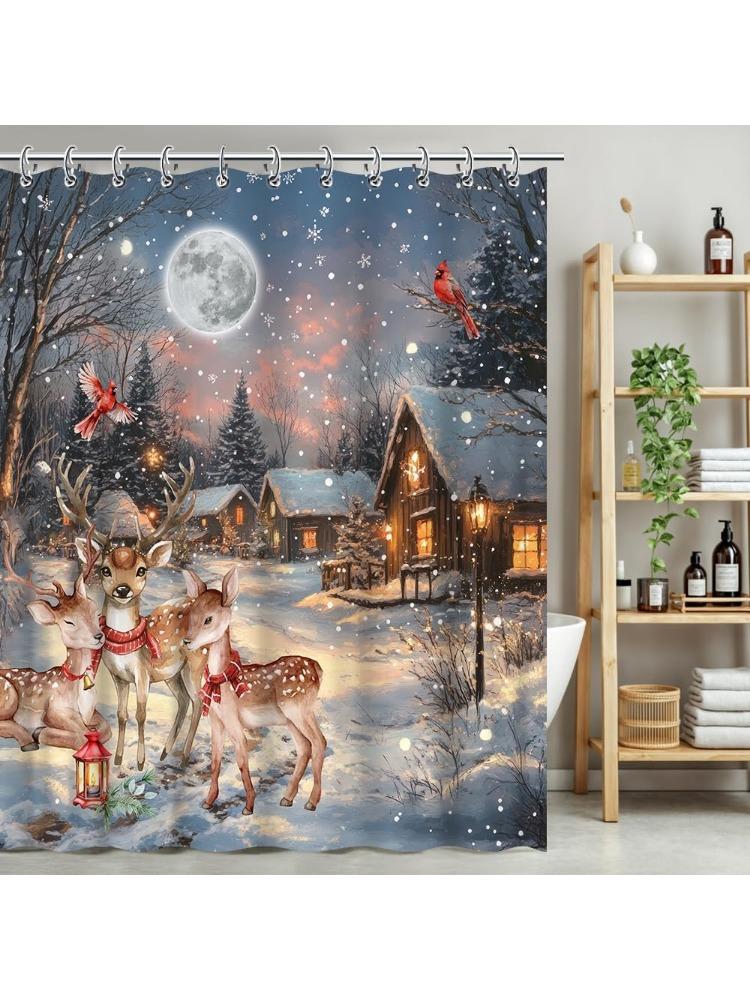 Christmas Winter Snow Deer Elk Shower Curtain Full Moon Night Village Christmas Party Decorations Waterproof Fabric Bathroom 90x180CM