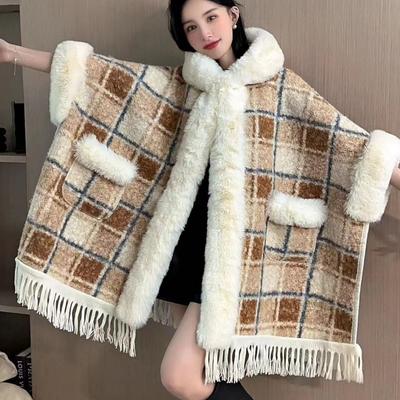 Winter Women Striped Poncho Cape Thicken Granular Velvet Warm Batwing Sleeves Long Cloak Faux Fur Overcoat