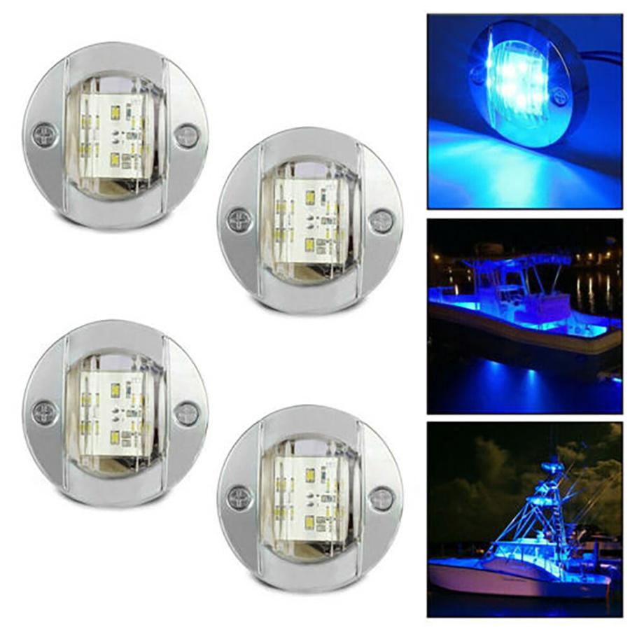 New 4Pcs Round Marine Boat LED Stern Light Blue Cabin Deck Courtesy Light Waterproof