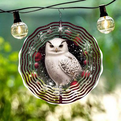 Christmas Owl Wind Chime Outdoor Decor Hanging Rotating Garden Patio Holiday Decoration Weatherproof 2D Dynamic Art with 360 Degree Rotation Hook