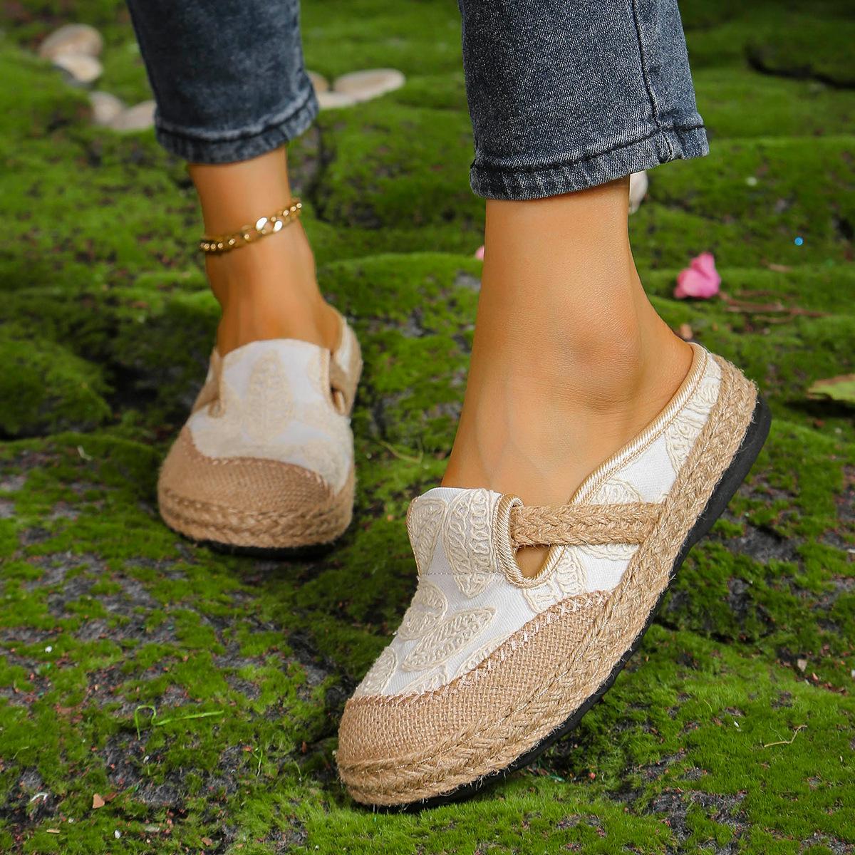 

Fashion Women s Flats Summer New Vintage Weave Breathable Casual Shoes Fashion Embroidery Lightweight Comfortable Half Slippers 41