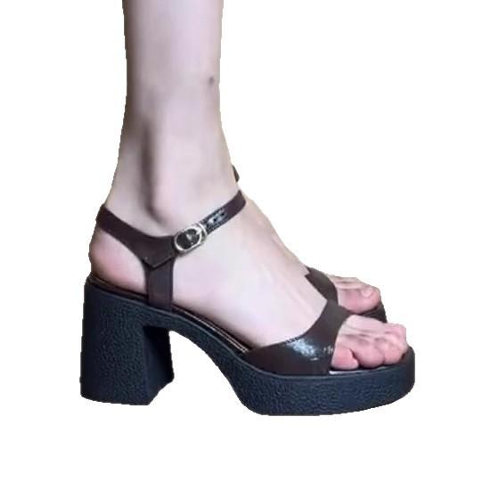Soft Leather Version~ Retro Waterproof Table High-heeled Sandals One-word Buckle Temperament Small Thick Heel Roman High Heels Women