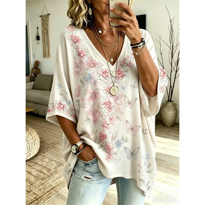 Plus-Size Dames V-hals Batwing Mouw T-shirt Boheemse Etnische Print Losse Top Zomer Comfortabel Ademend Dagelijkse Woon-werkverkeer Casual Afslankende Stijl