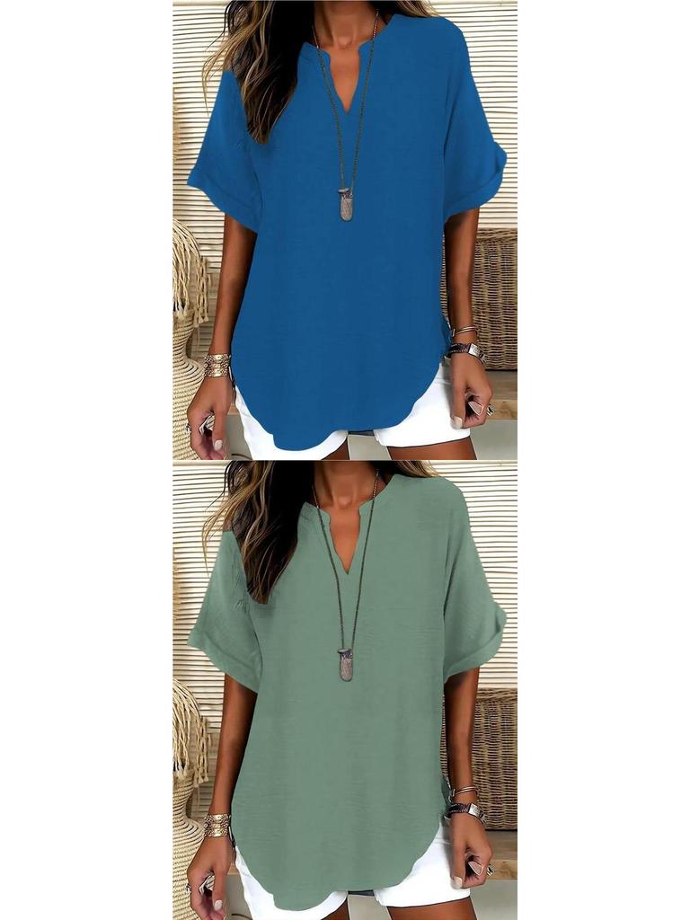 Women's Summer Loose Solid V-Neck Casual Shirt