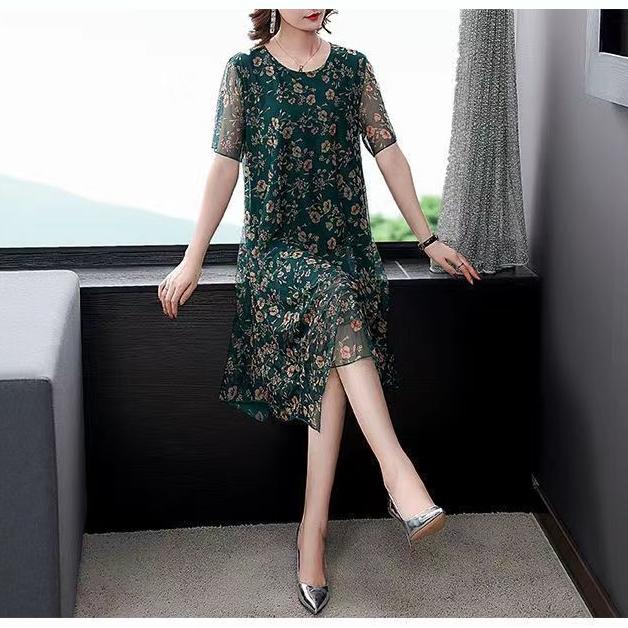 Large Size Short-sleeved Dress Women Summer Mid-length Round Neck Print Small Floral Comfort and Cool