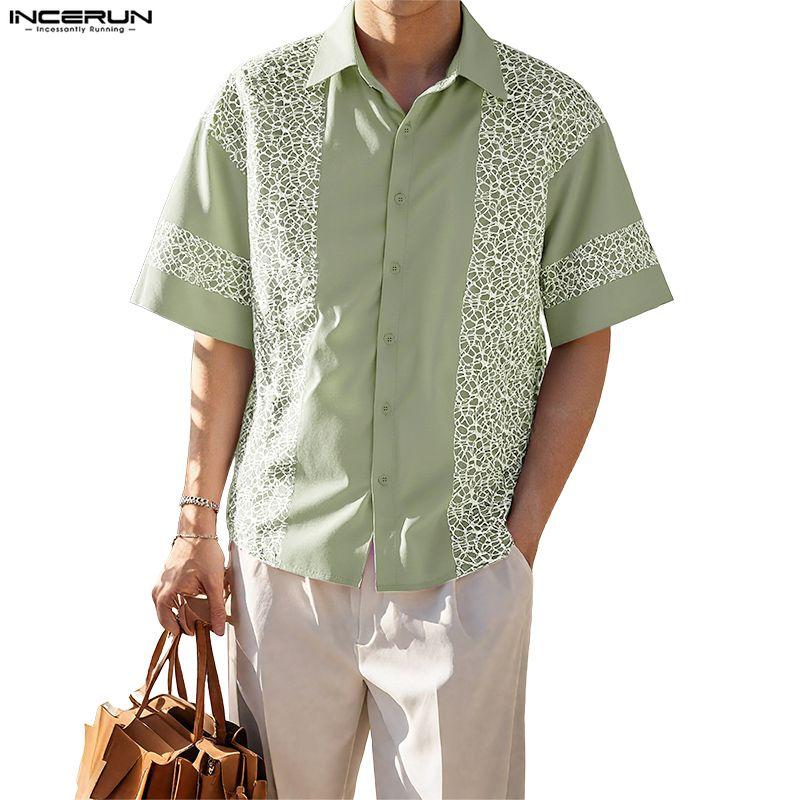 INCERUN Oversized Men Lapel Neck Short Sleeve Crochet Casual Loose Shirts