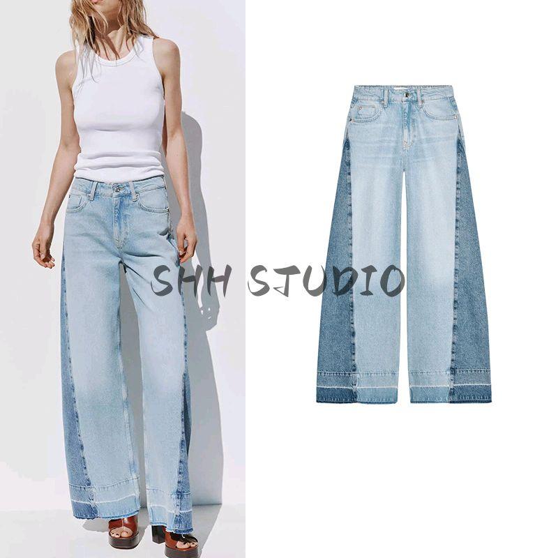 Spring New Women's Clothing Minimalist Washing Effect Patchwork Cotton High Waist Wide Leg Denim 6164075