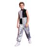 Costume da Danza Jazz Metallico per Ragazzo Collo Alto Senza Maniche Zip Posteriore Paillettes Lucide Blocco di Colore Top Pantaloni Cargo