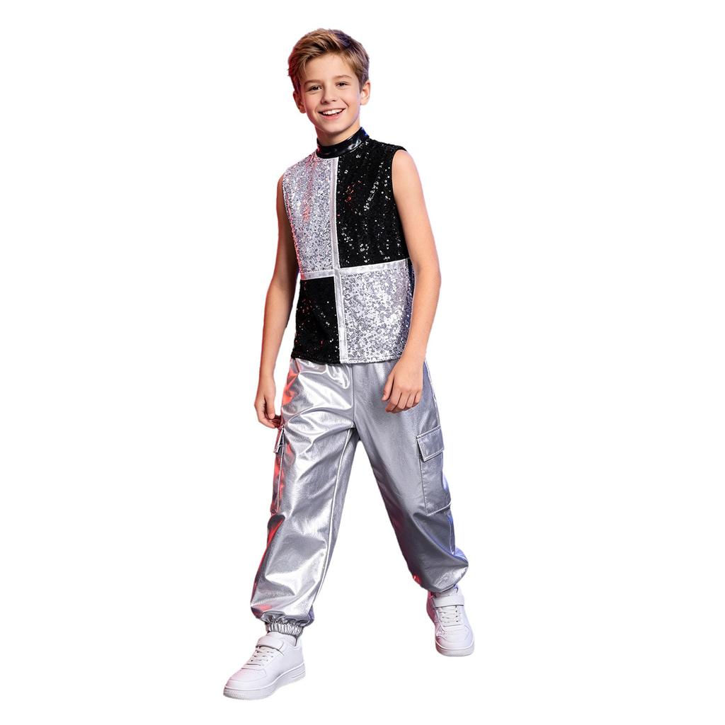 Costume da Danza Jazz Metallico per Ragazzo Collo Alto Senza Maniche Zip Posteriore Paillettes Lucide Blocco di Colore Top Pantaloni Cargo