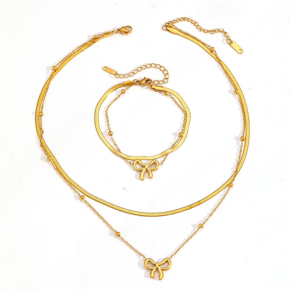 Cross Stainless Steel Double-Layer Bow Knot Anklet with Colorfast 18K Electroplated Bead Clasp