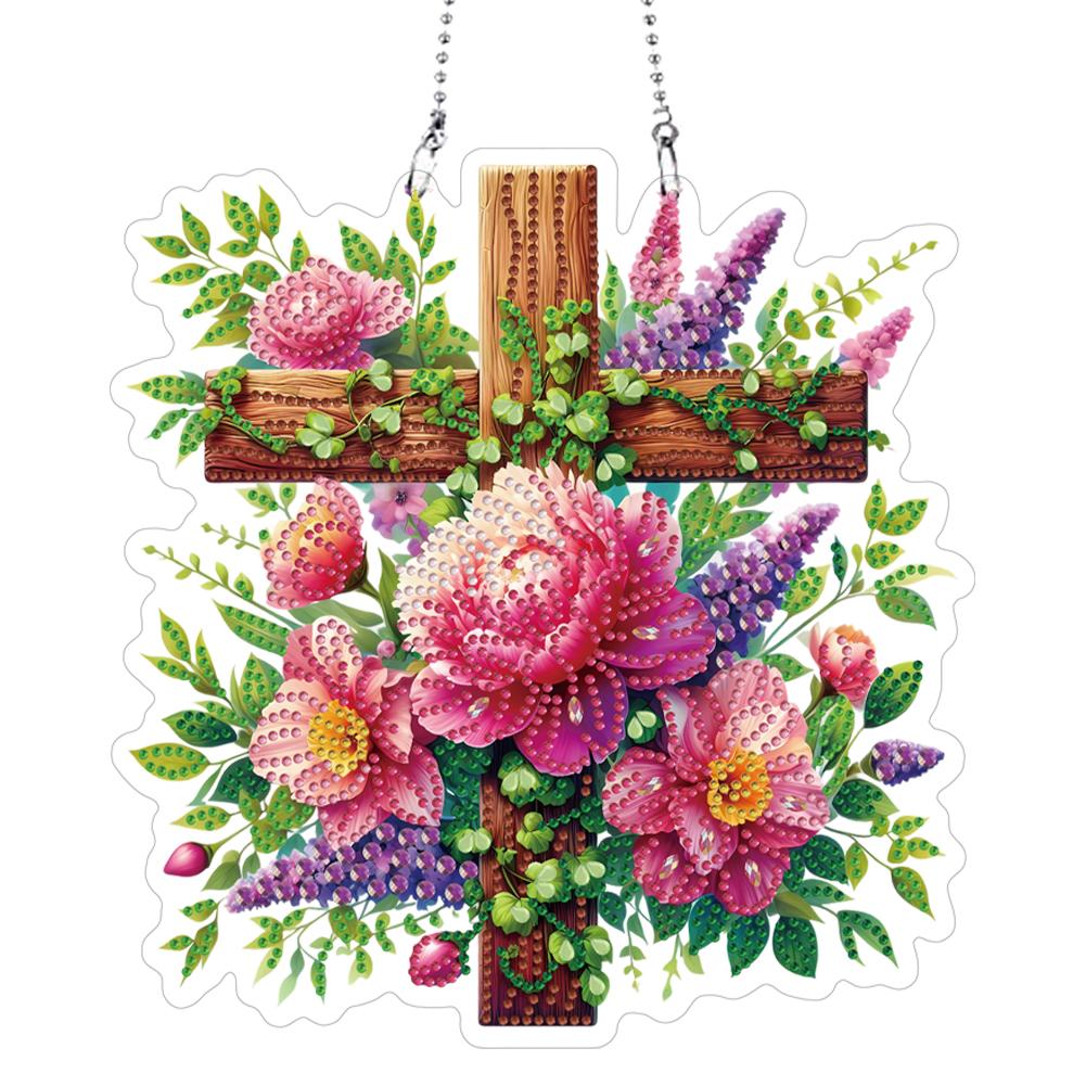 Special Shaped Cross Flower Leaf Acrylic Diamond Painting Hanging Ornaments Kit 5D DIY Diamond Art Hanging Decorations for Home