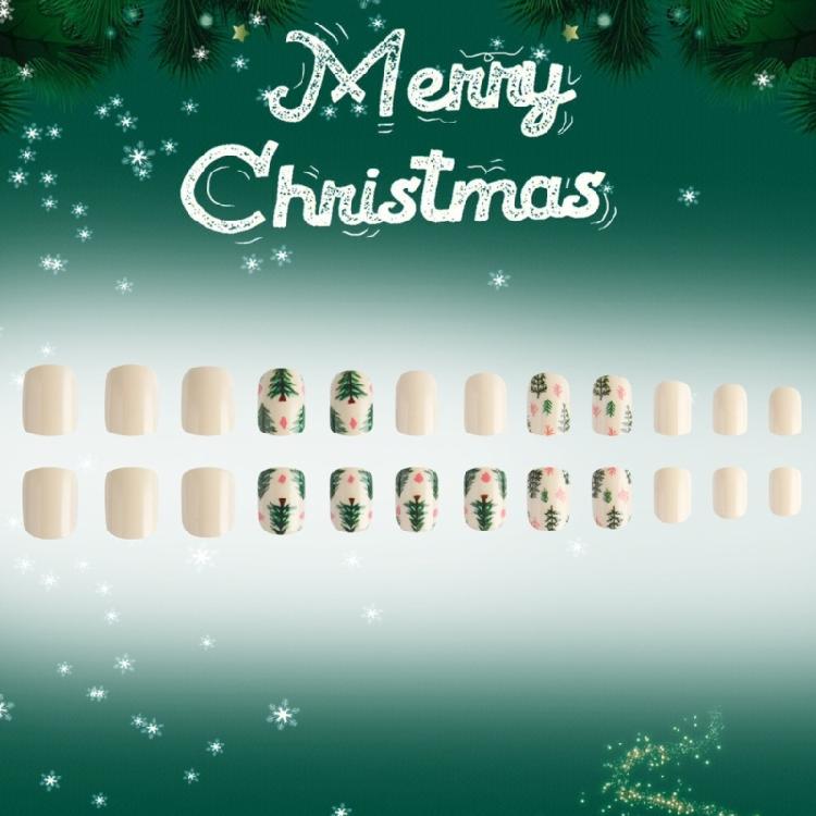 24Pieces Christmas Party Artificial Nail Green Red Tree Press On Nail ABS Material No Glues Needed Nail Art