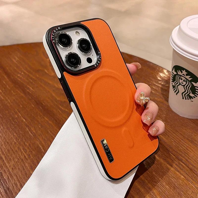 

Роскошный матовый кожаный магнитный чехол для телефона iPhone 15 Pro Max 14 13 12, противоударный чехол-бампер с беспроводной зарядкой For iPhone 12Pro Max