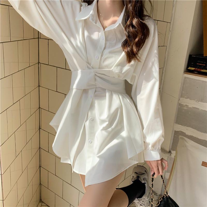 Women's Elegant Slim-Fit Long-Sleeve Shirt Dress: Waist-Cinching, Irregular Hem, French Style for Spring and Autumn
