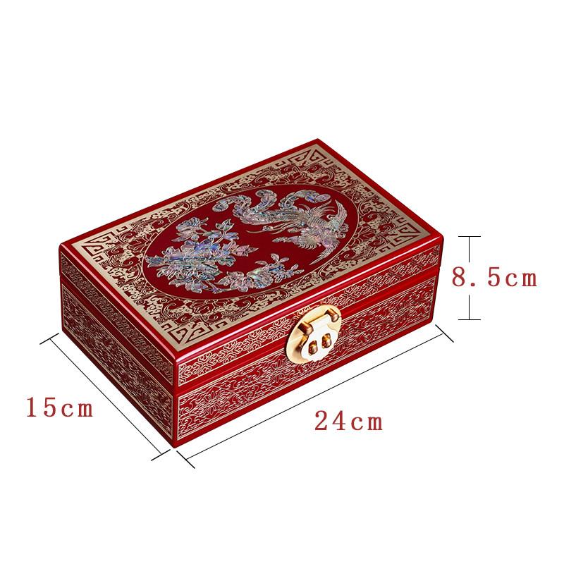 Vintage Wooden Jewelry Box with Copper Wire Inlay Mother of Pearl Handcrafted Pingyao Lacquerware