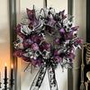 Theme Halloween Decor Mesh Ribbon Wreath for Front Door, Spooky Skull Pumpkin with Bow, Purple Black Stripe Decorative Garland Doors Walls Windows