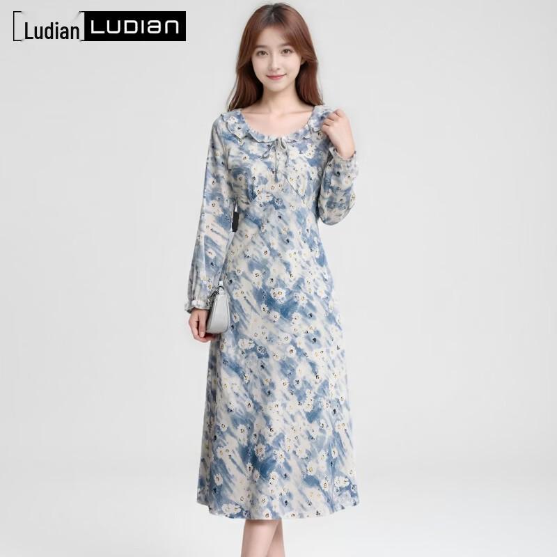 Women s Ruffle Collar High-Waist Print Long-Sleeve Dress 2XL
