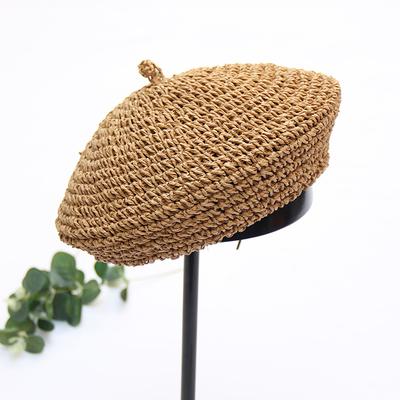 Handgemaakte Vintage Strooien Baret Ademende Schildersmuts Strohoed Dames Zomer Knopmuts Pompoenhoed