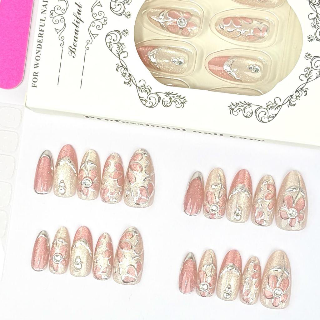 European 3D Wearable Nails: Silver Flakes & Cat Eye Diamonds, Begonia Flower French Manicure Stickers