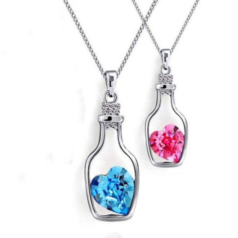Women Drift Bottle Pendant Heart Rhinestone Inlaid Necklace Jewelry Gift