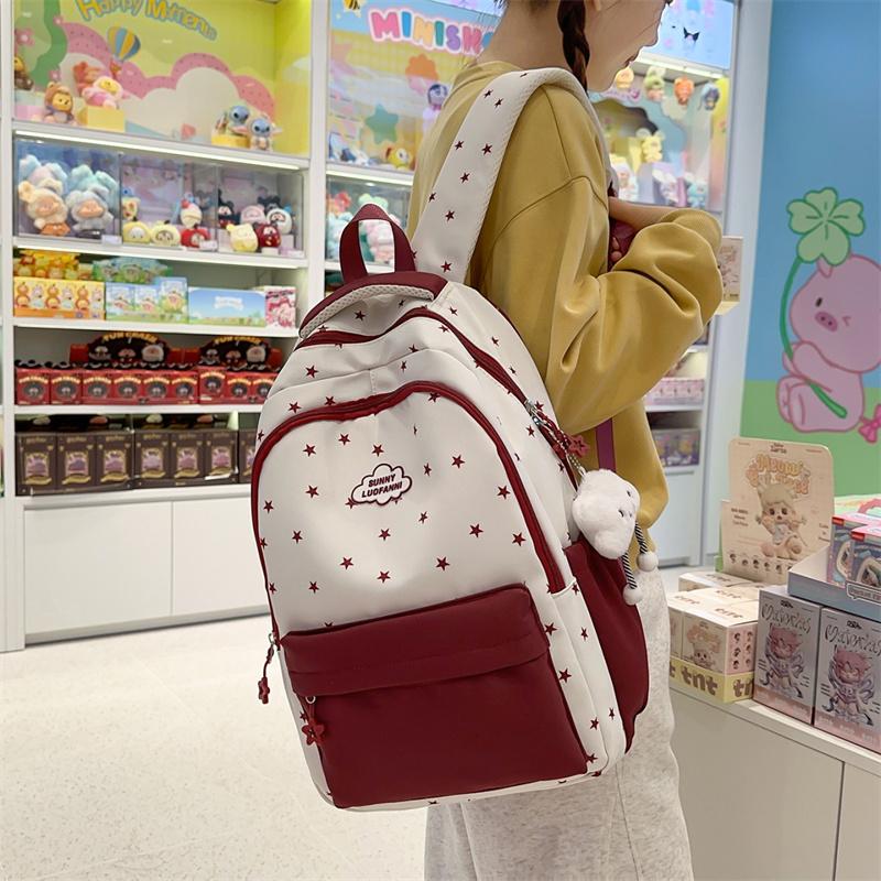 Star Print Women's Backpack Color Block Student Schoolbag Travel Backpack
