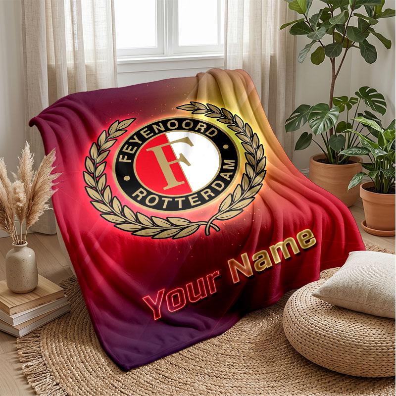 Feyenoord Custom Name Text Flannel Blanket Soccer Logo Personalized Fleece Throw Blanket Special Gift For Sofa Bedroom Home