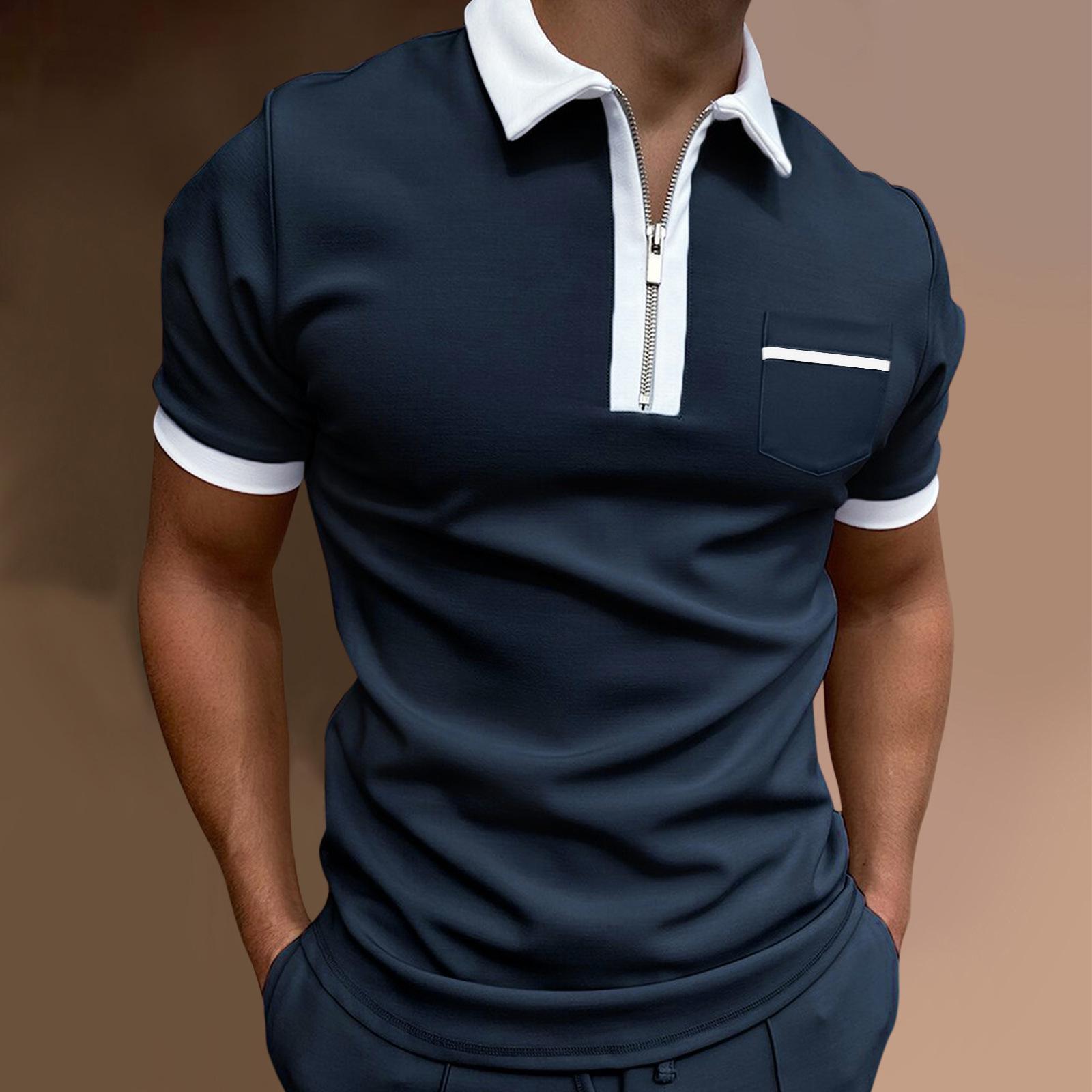 

Men s European & American Slim Fit Turn-Down Collar Polo Shirt with Pocket Extra Large