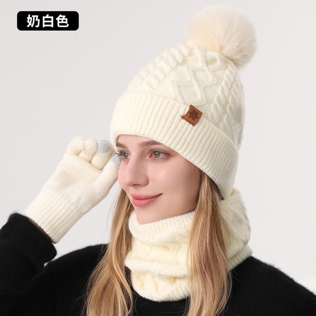 Hat, scarf and gloves three-piece set, winter outdoor riding scarf double-layer fleece and thicker, knitted hat