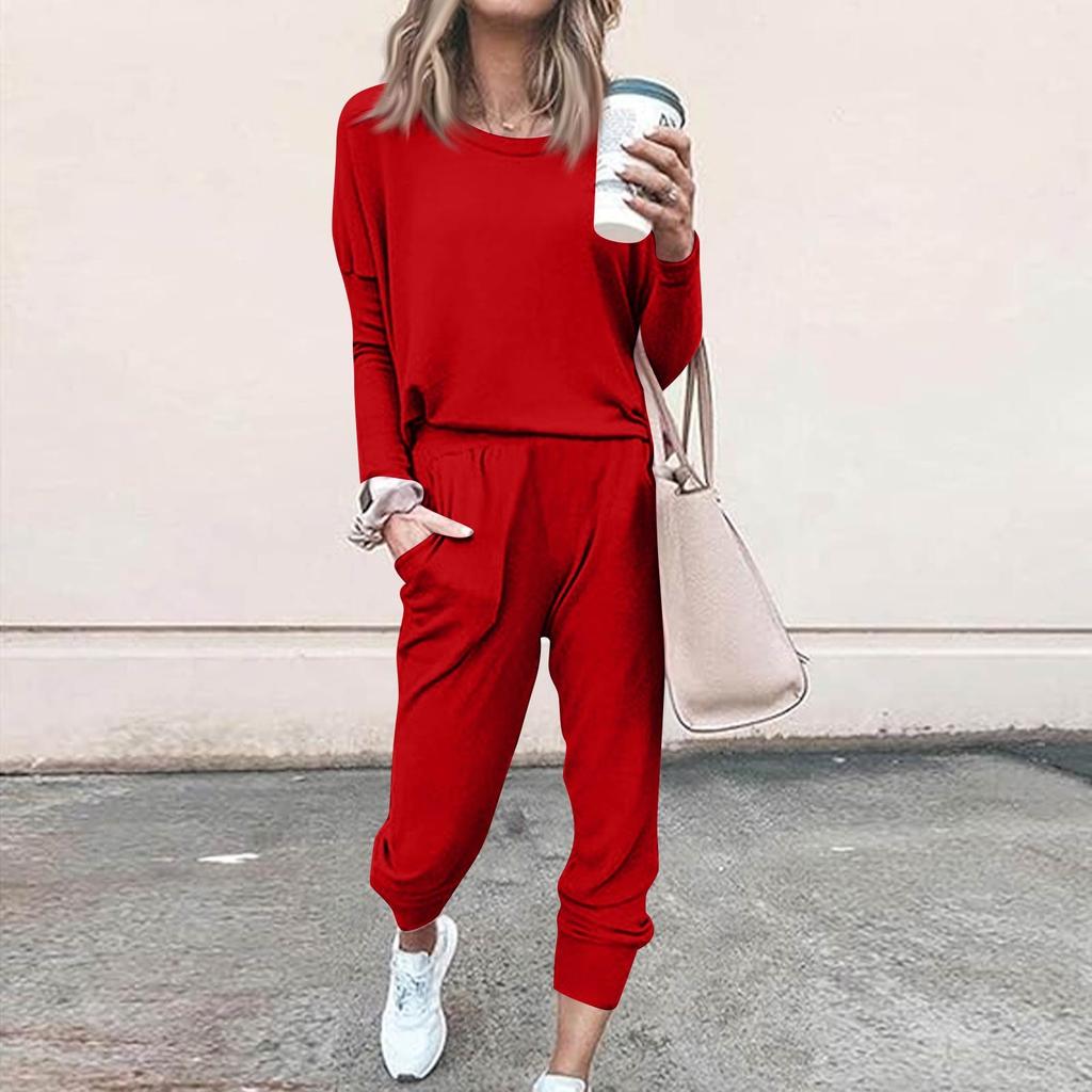Sets For Women 2 Piece Round Neck Long Sleeve Shirts Colid Sweatpants Pocket Sets