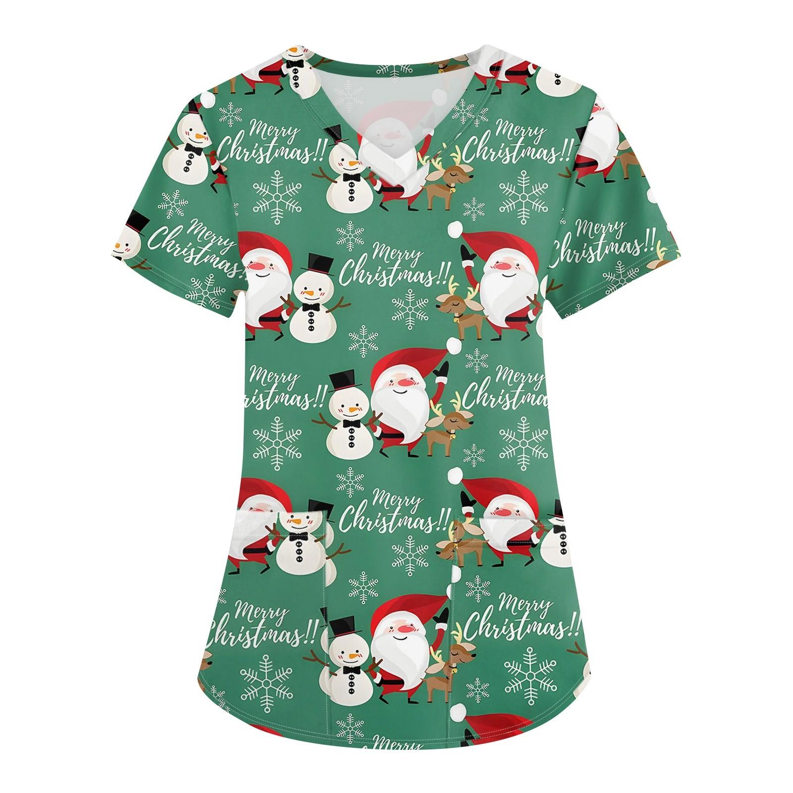 

Жіночий модний робочий одяг з V-подібним вирізом і короткими рукавами з кишенями, різдвяні топи з принтом XXL зелений