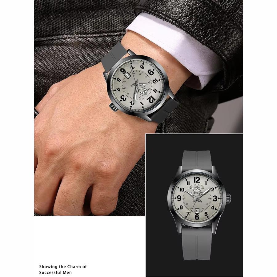 Mens Quartz Watch Large Dial Magnetic Clasp Rubber Strap Day Date Waterproof Wristwatches