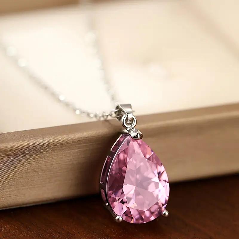 

Huitan Pear Shape Pink Cubic Zirconia Pendant Necklace for Women Sweet Engagement Wedding Neck Accessories Trendy Jewelry 45cm