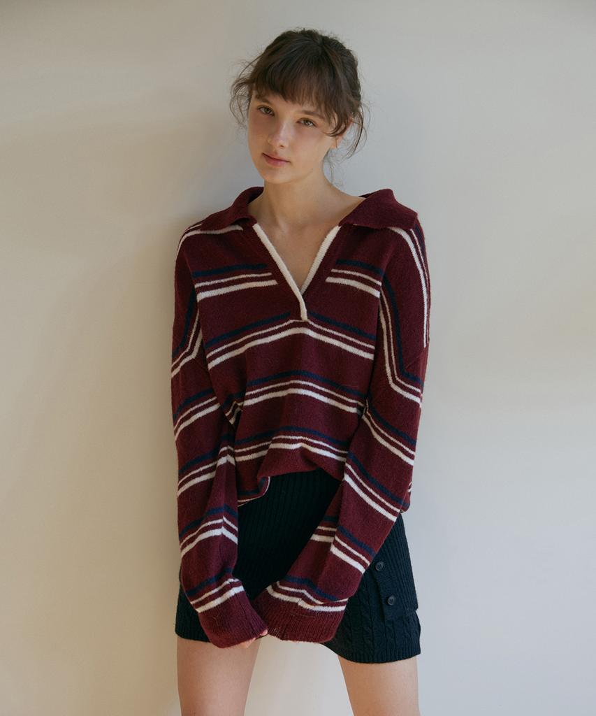 ODER Mohair Striped Collar Pullover - Wine