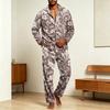 Men's Corduroy Pajama Set - Printed Button Collar Long Sleeve Loose Fit Casual Sleepwear