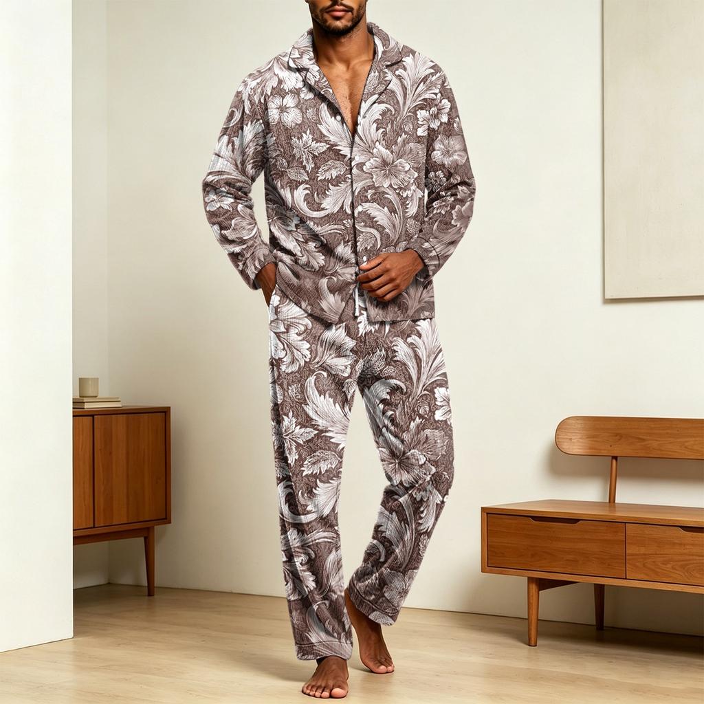 Men's Corduroy Pajama Set - Printed Button Collar Long Sleeve Loose Fit Casual Sleepwear