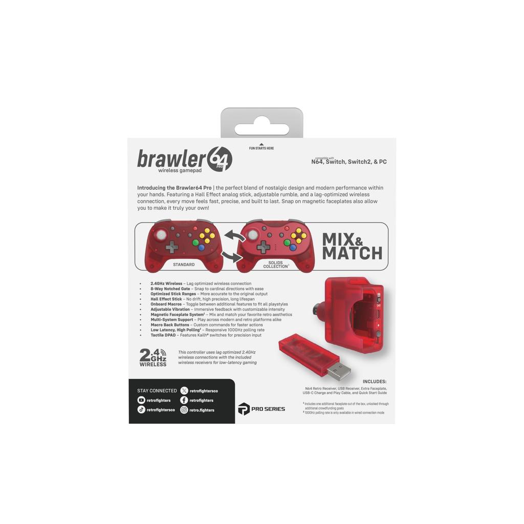 Retro Fighters Brawler64 Pro Series Red Wireless Controller with Hall Effect Compatible with Nintendo 64 Switch Switch 2 PC Sticks, / / /