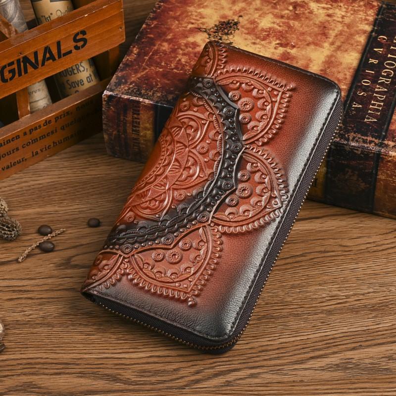 

Hand-polished Leather Wallet Multi-functional Embossed Zipper Handle Cowhide Retro Style National 19x10x2.5cm