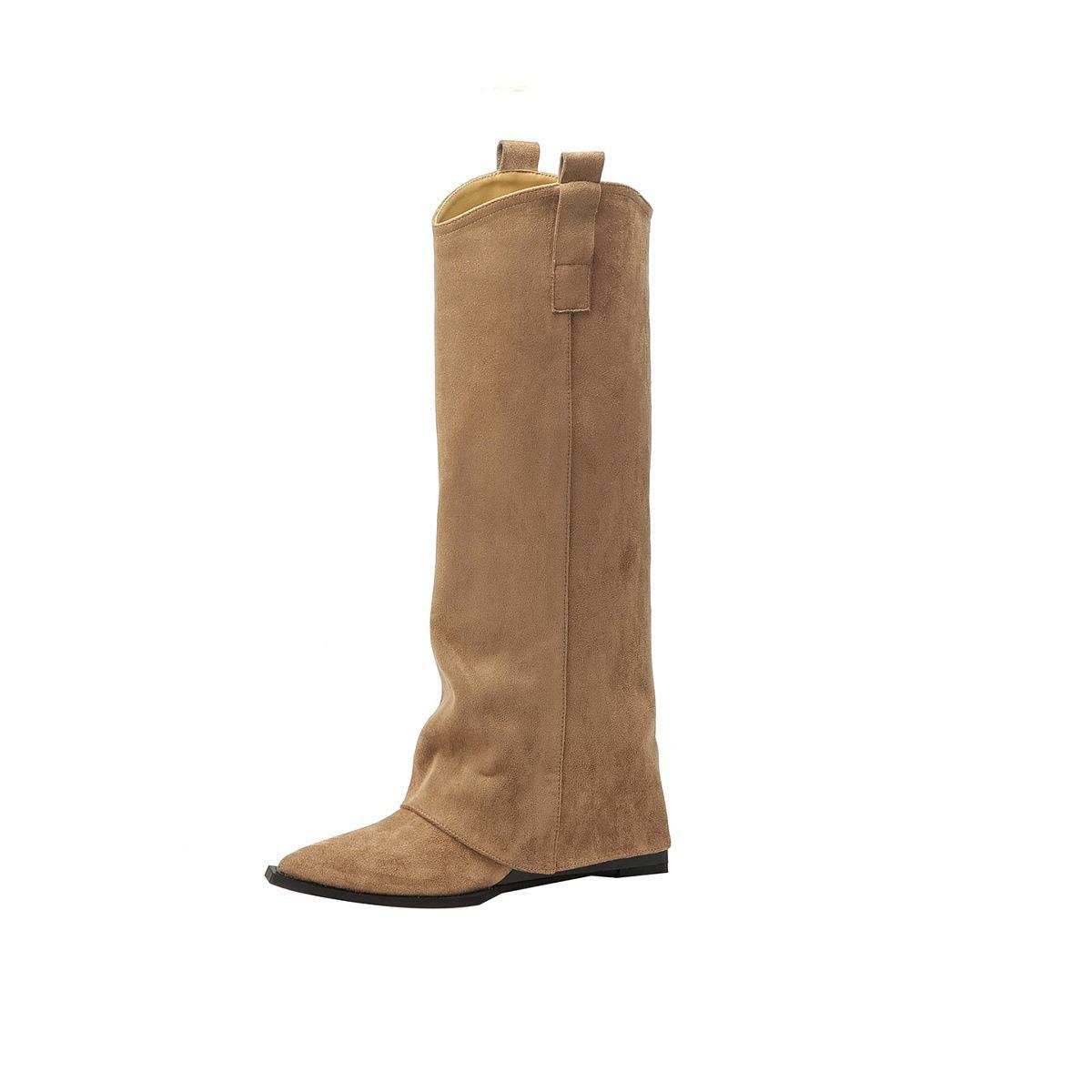 Pointed toe heel stacked pants tube boots women s inner heightening wide tube large tube circumference high tube knight boots but knee boots 42 хаки