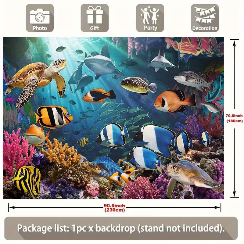 2D Aquarium Style Tapestry, Underwater World with Sea Turtle, Shark and Coral Reef Wall Art