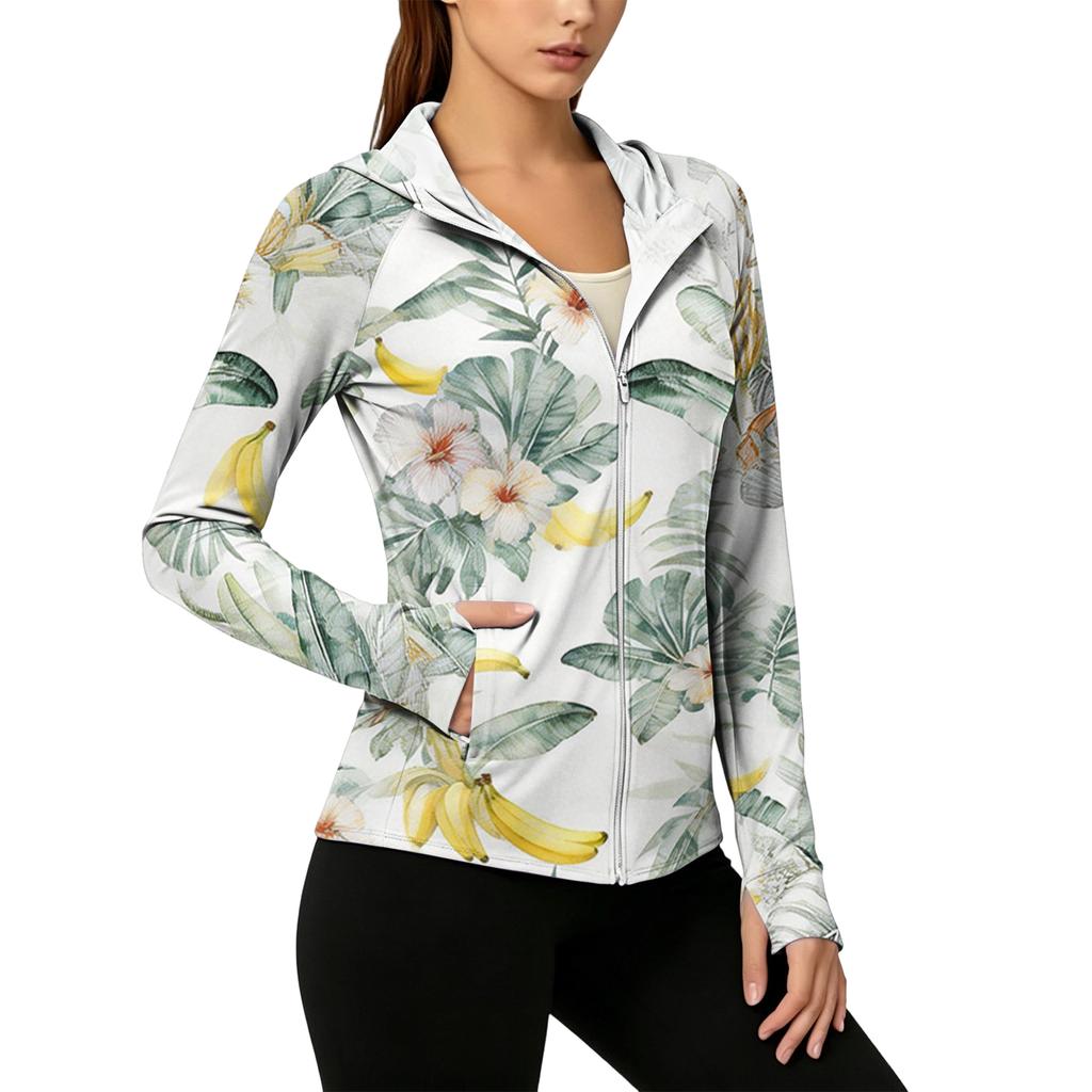 Women's Lightweight Zip-Up Hoodie with Hood and Pockets Hawaiian Print Long Sleeve Sun Protection Jacket for Outdoor Activities