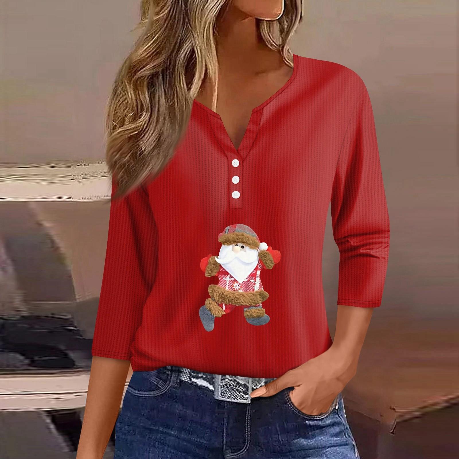 

Женская мода повседневная рождественская винная бокалная печать V-образный вырез рукав 3/4 пуговиц трикотажная толстовка с капюшоном обычный топ XXXL