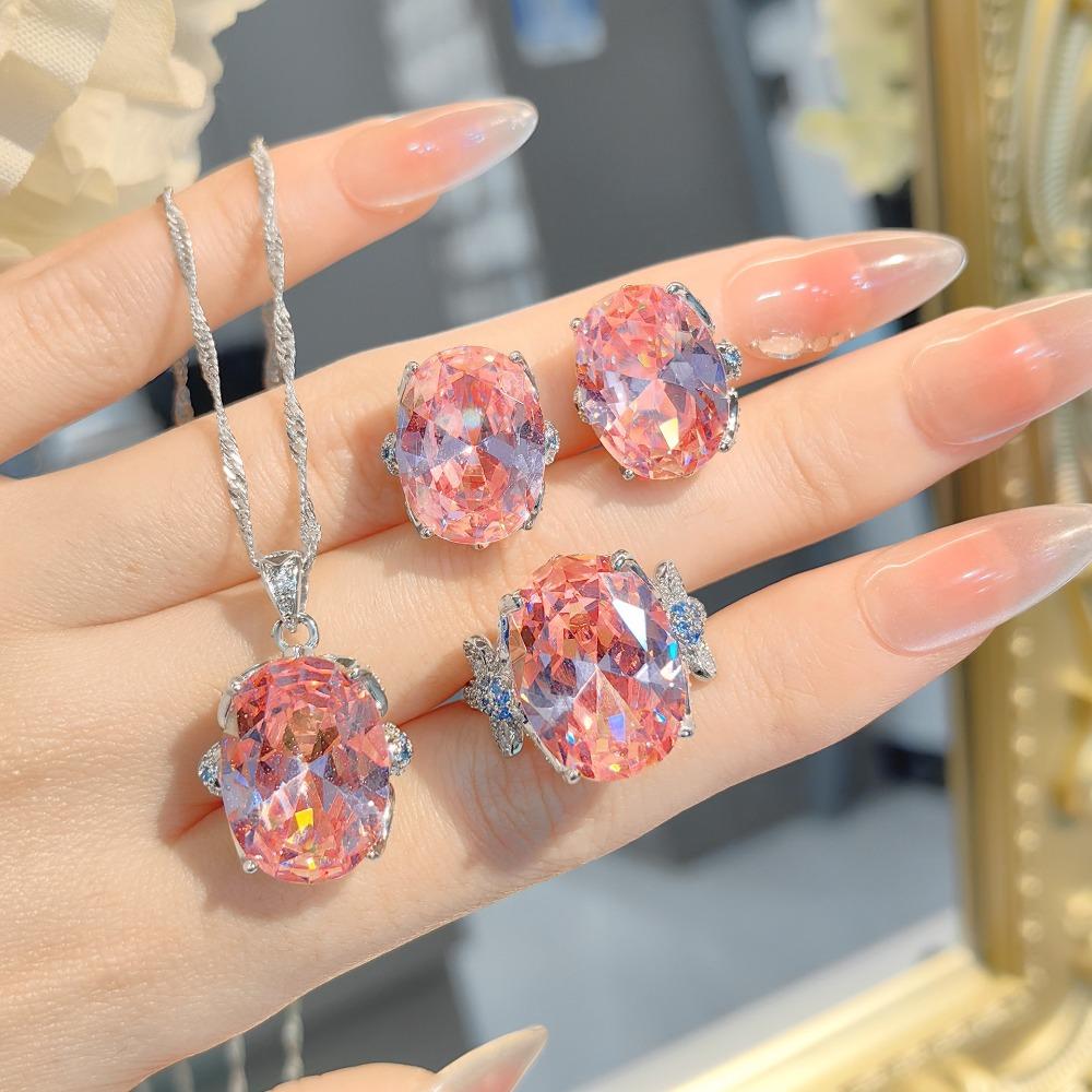 Paraiaba Lake Blue Pigeon Egg Pendant Necklace Diamond Earrings Pink Diamond Ring Jewelry Set